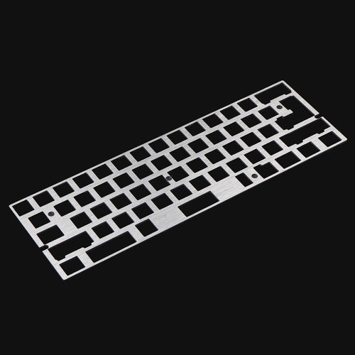 Silver universal 60% aluminium keyboard plate that supports most typical 60% layouts.