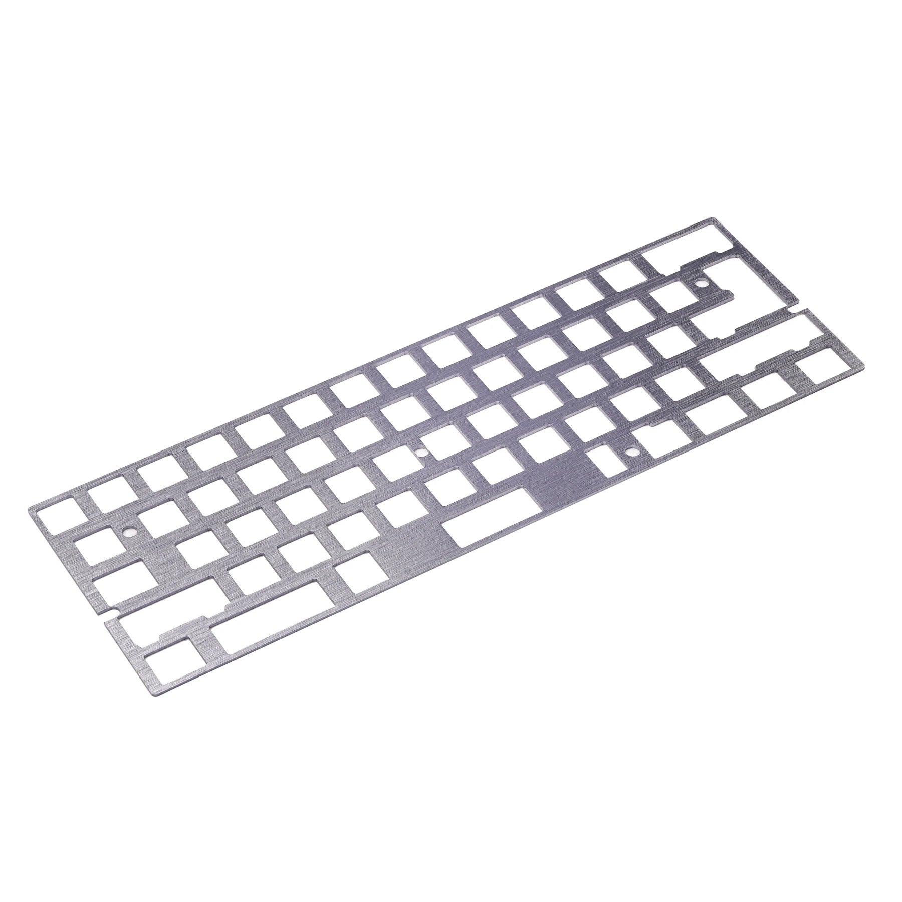 Grey universal 60% aluminium keyboard plate that supports most typical 60% layouts.