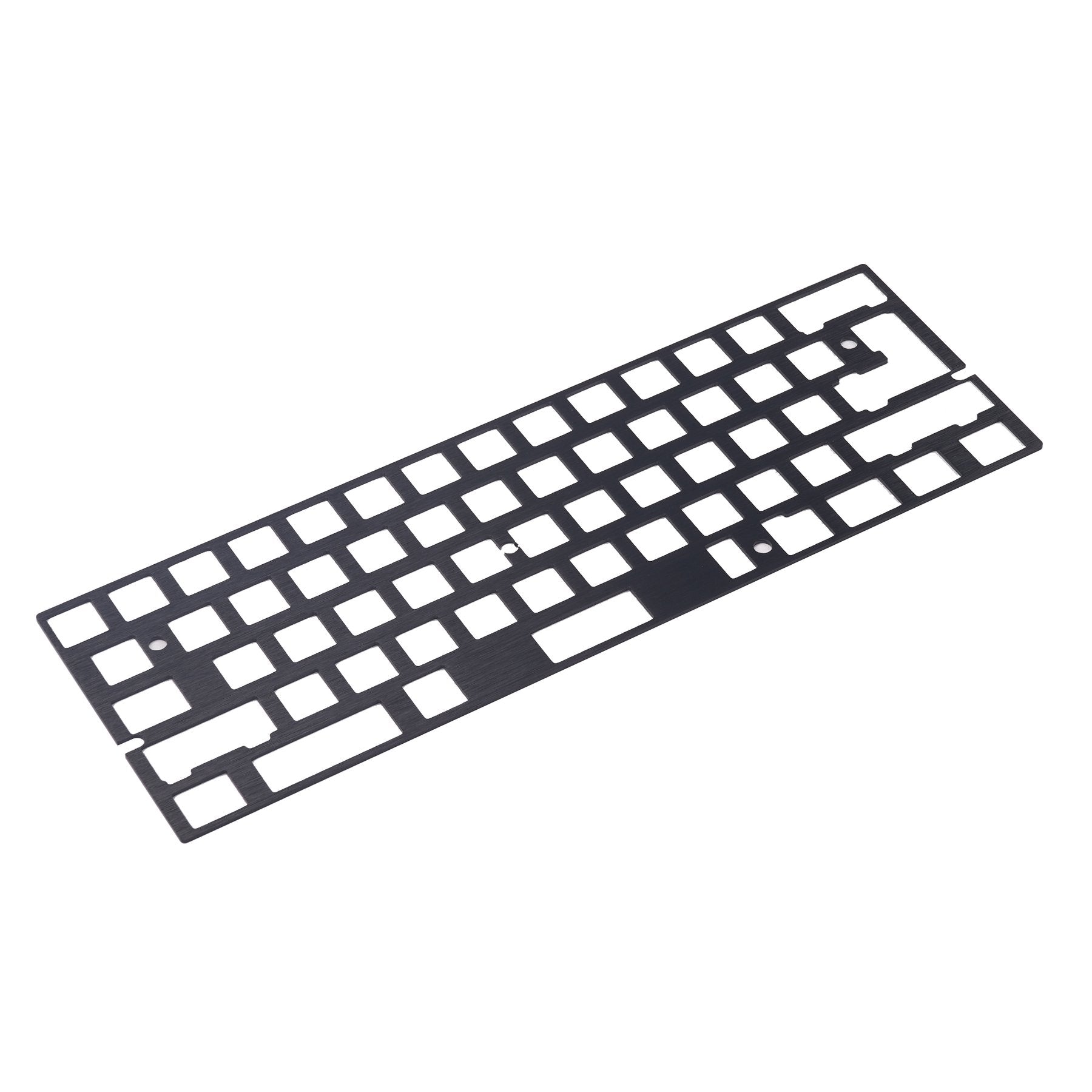 Black universal 60% aluminium keyboard plate that supports most typical 60% layouts.