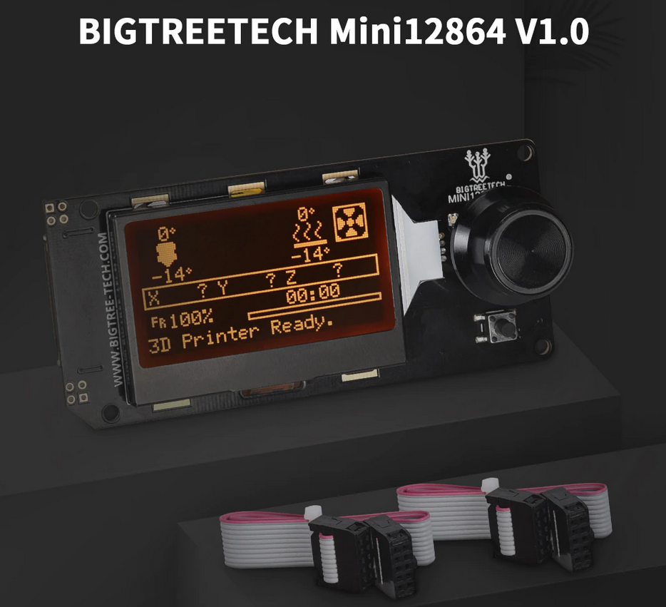 Big Tree Tech (BTT) 12864 Mini LCD with RGB LEDs for your 3D Printer. RGB LEDs are customizable and controllable either by the LCD interface or through the 3D Printer firmware. 2 EXP cables are included.