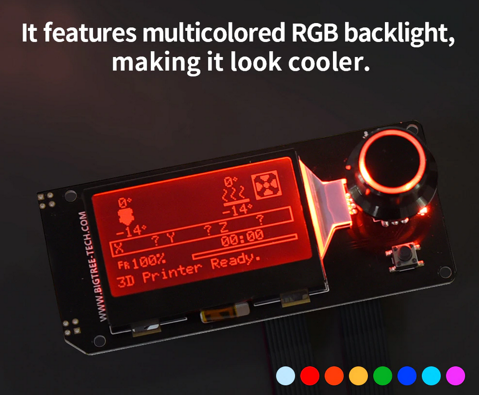 Cool looking RGB LED lighting on the Big Tree Tech (BTT) 12864 Mini LCD.