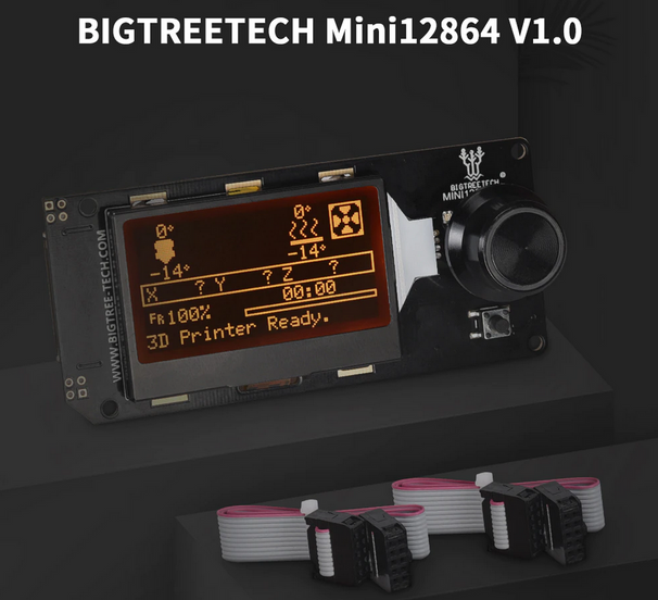 Big Tree Tech (BTT) 12864 Mini LCD with RGB LEDs for your 3D Printer. RGB LEDs are customizable and controllable either by the LCD interface or through the 3D Printer firmware. 2 EXP cables are included.