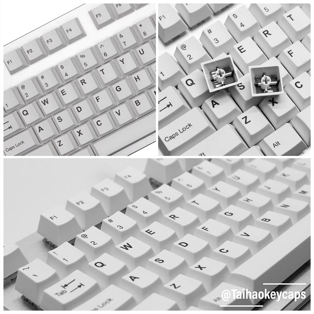 Sectional and close up view of the snow white classic assembled Tai hao Keycap set of ABS material. Compatible with Cherry MX Switch Types.