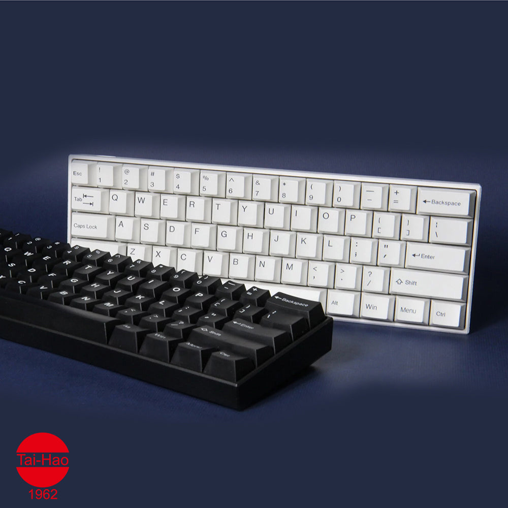 View of the classic assembled snow white and pitch black Tai hao Keycap set of ABS material. Compatible with Cherry MX Switch Types.