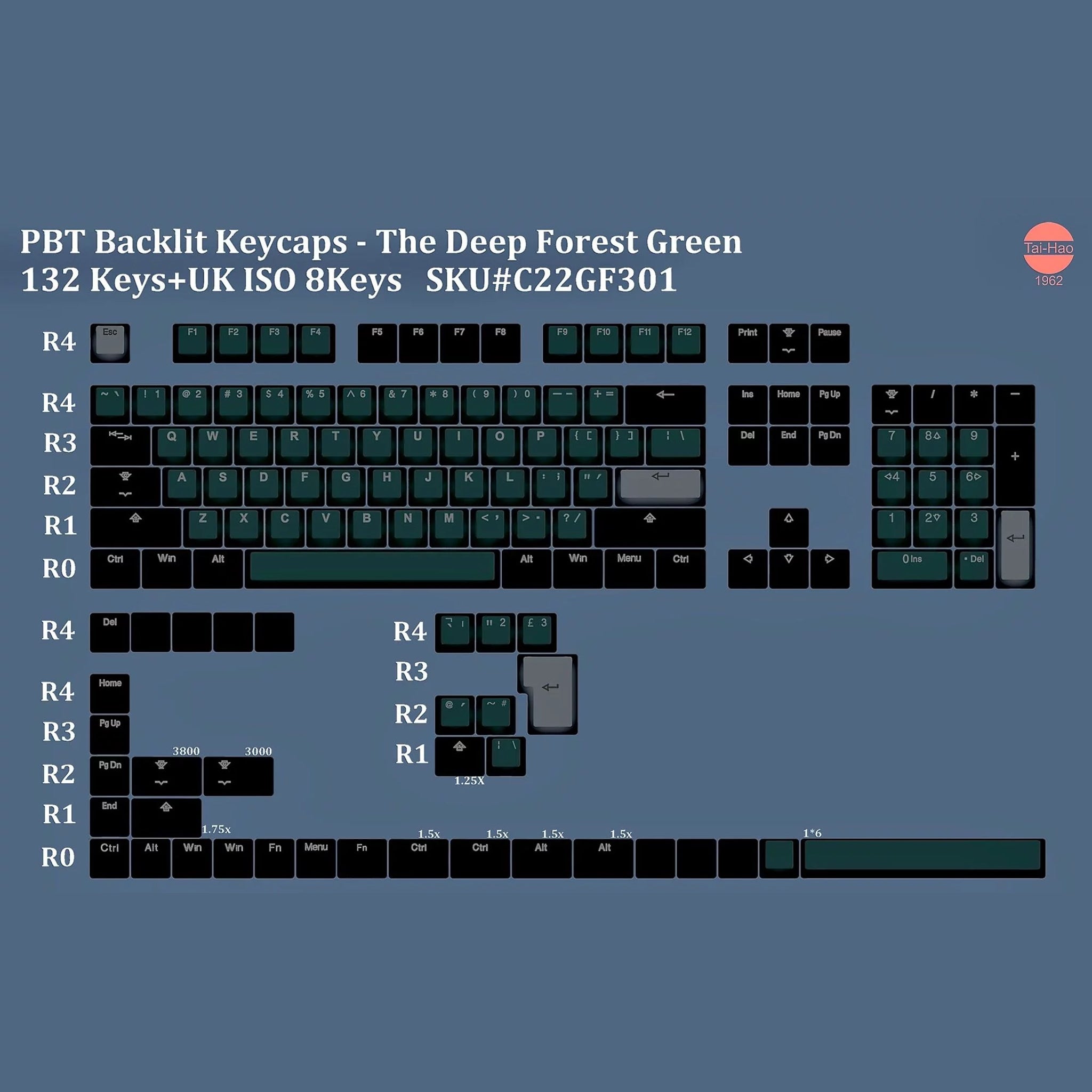 Complete Set of the Deep forest Green Tai Hao Keycap set compatible with MX cherry switch types of PBT material.