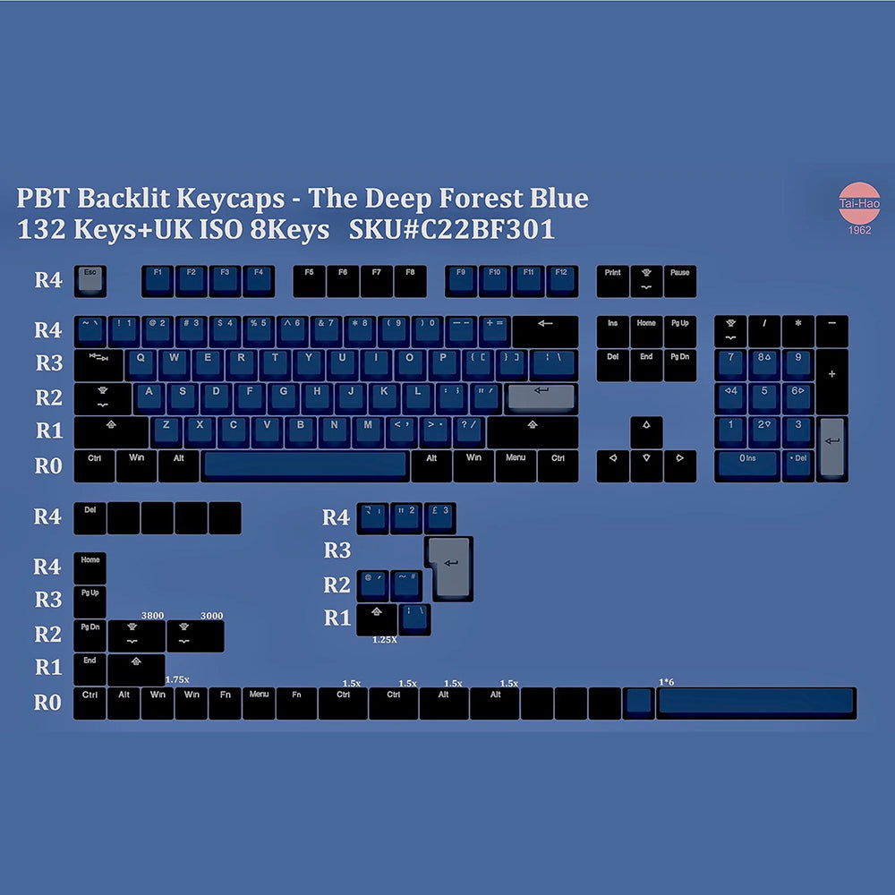 Complete set of the Deep forest blue Tai Hao Keycap set compatible with MX cherry switch types of PBT material.