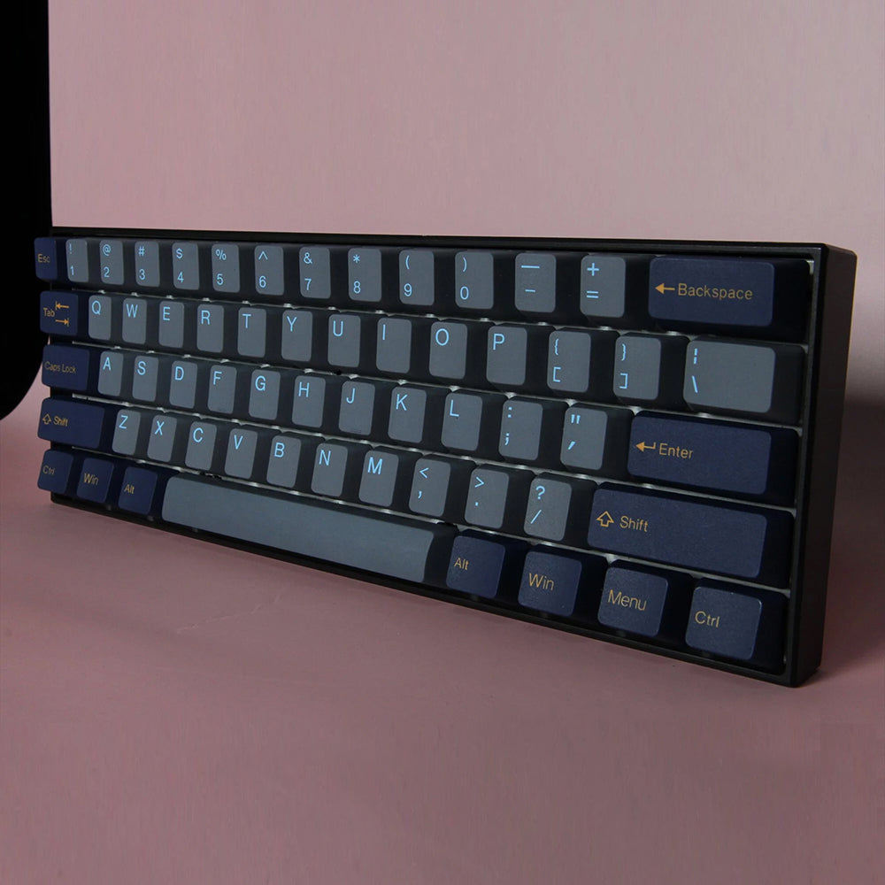 Side view of the assembled view of the dark tunnel Tai Hao Keycap set of PBT material. Compatible with Cherry MX Switch Types.