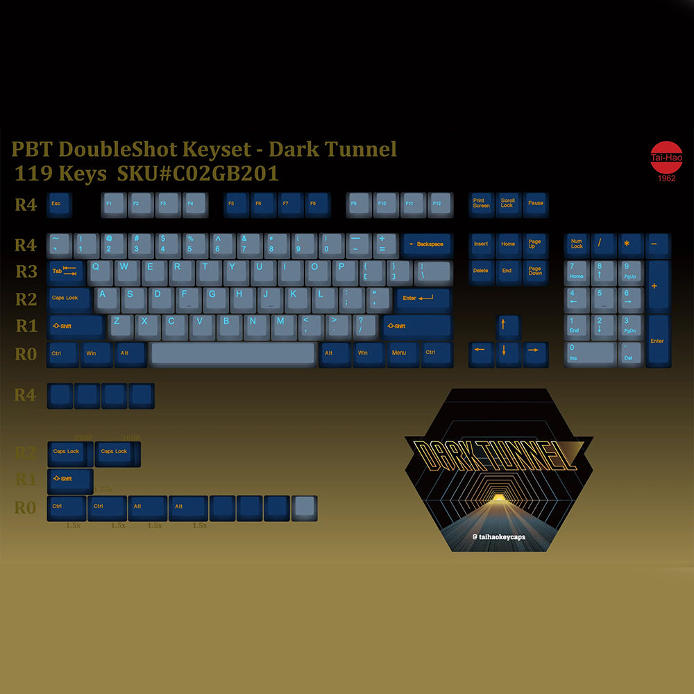 Kit view of the dark tunnel Tai Hao Keycap set of PBT material. Compatible with Cherry MX Switch Types.