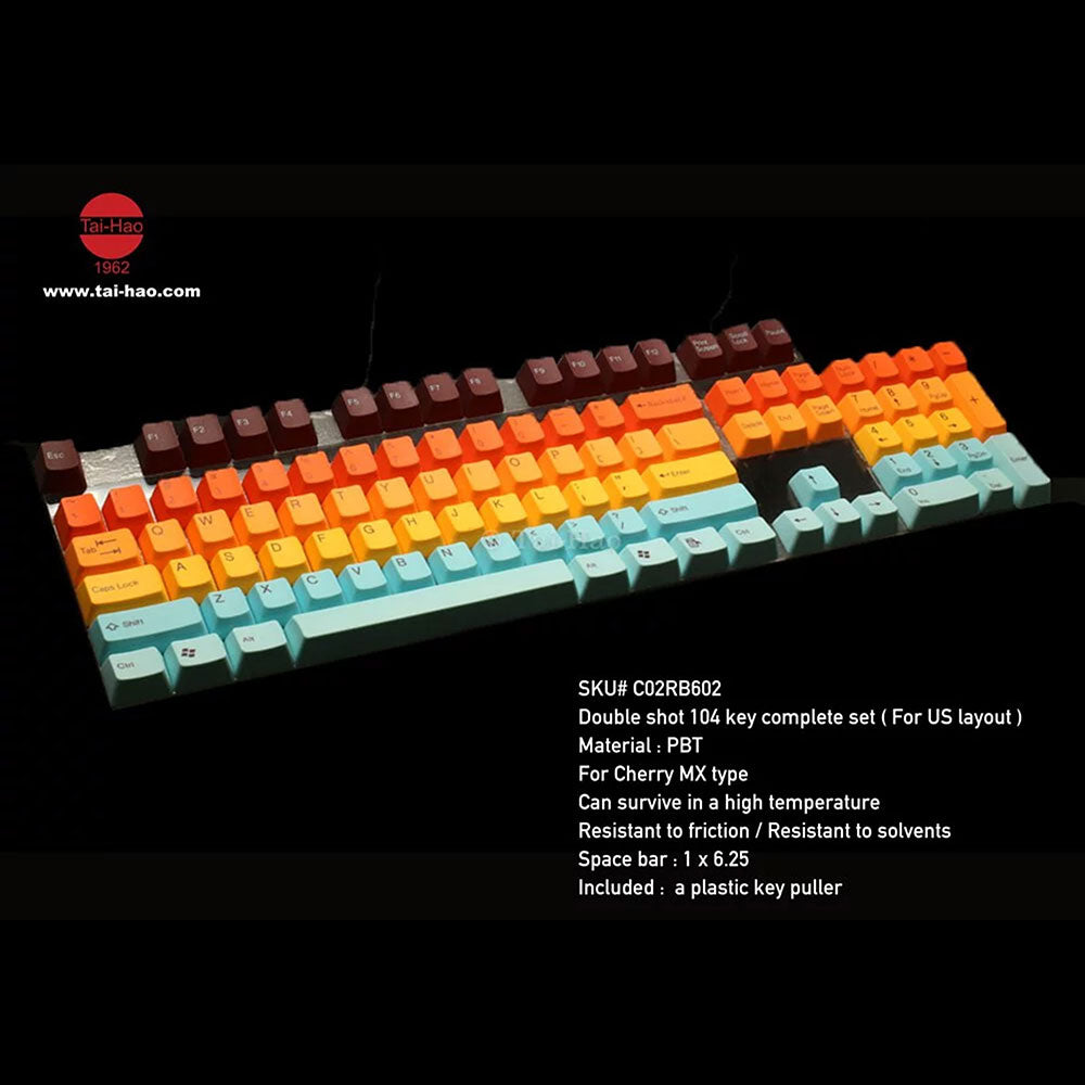 The Beach sunset gradient. View of the Hawaii Tai Hao keycap set of PBT material. Compatible with Cherry MX Switch Types.