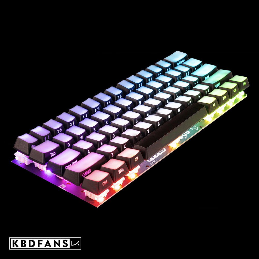 An Illuminated view of the side printed KBD Fans backlit keycap set of ABS material. Compatible with Cherry MX Switch Types.