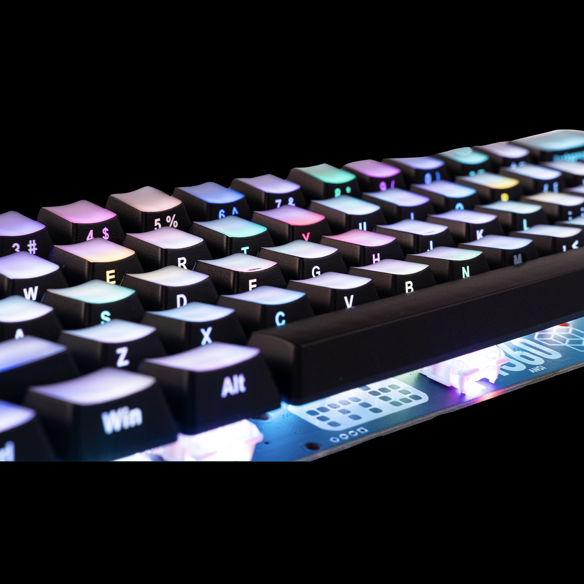 Close up view of the side printed KBD Fans backlit keycap set of ABS material. Compatible with Cherry MX Switch Types.