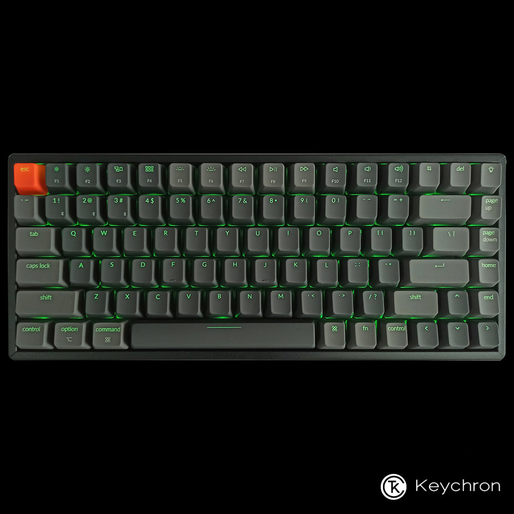 View of 84 key Keychron K2 wireless with RGB lightning. Connects with up to 3 devices. Windows/Mac Layout. Along with wired Type C mode.  Gaetron switches, ABS/PBT material and ANSI layout.