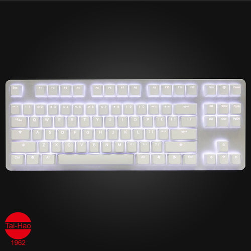 Assembled view of the Orchid white Tai Hao Keycap set of PBT material. Compatible with Cherry MX Switch Types.