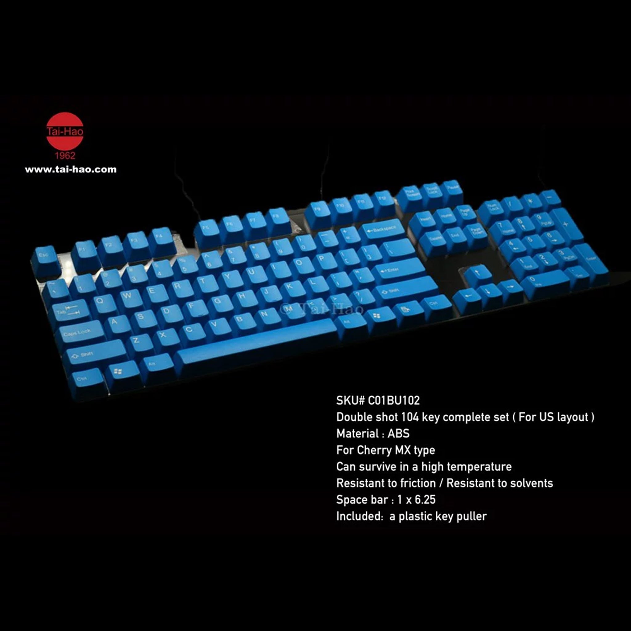 Alternate assembled view of the Sky Blue Tai Hao Keycap set of ABS material. Compatible with Cherry MX Switch Types.